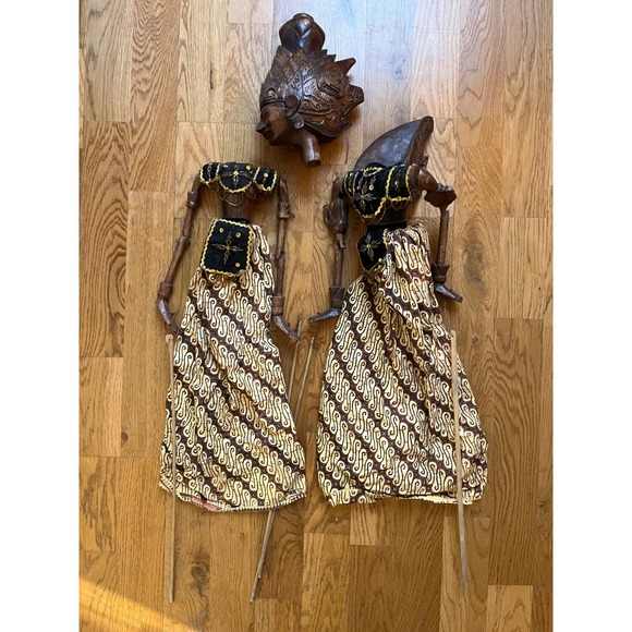 Other - 2 Vintage Indonesian Wayang Golek Rod Puppets Hand Carved Wood Batik 1 head!